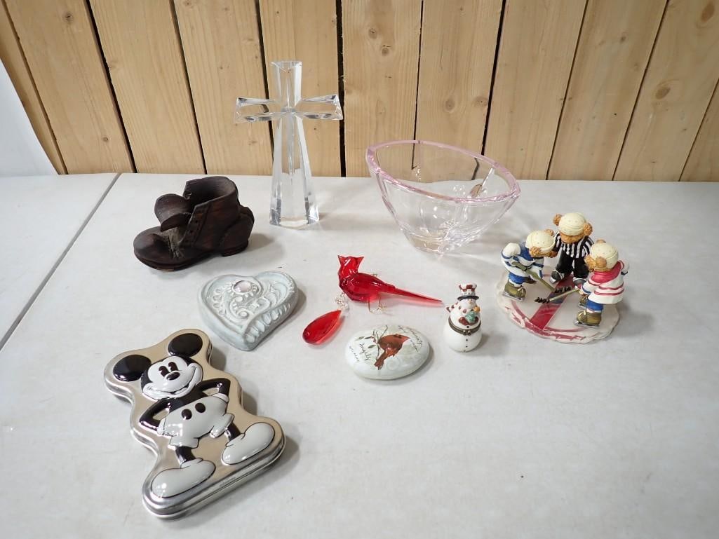 Collectibles incl Pink Lead Crystal Bowl, Mickey Mouse Tin, Berry Bears Figurine, (1 of 15)