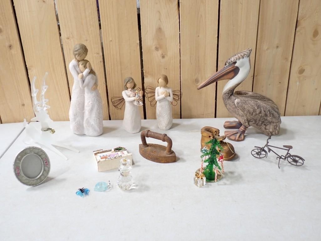 Collectibles incl Willow Creek Figurines, Crystal Snowman Ornament, Sad Iron, (1 of 17)