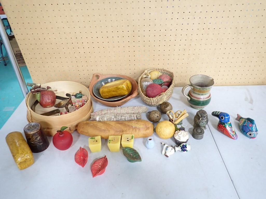 Collectibles incl Pottery, Glass Apple Perfume Bottle, Owl Figure, Prop Fruit and Bread, (1 of 16)