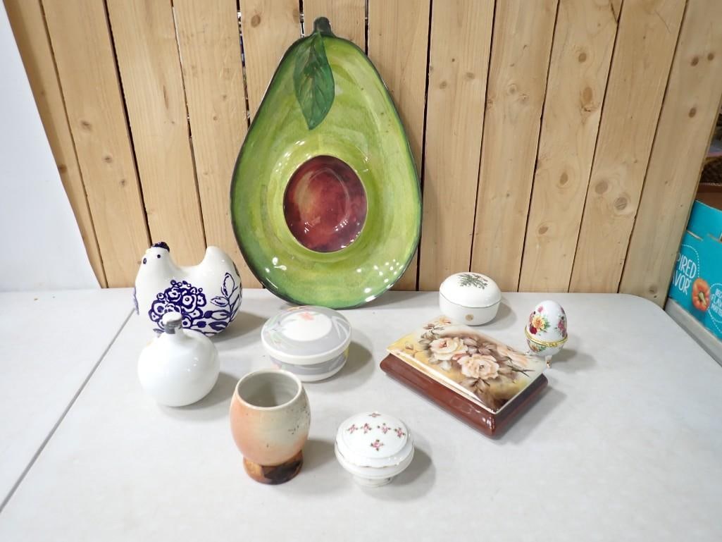 Collectibles incl Porcelain Trinket Boxes, Ceramic Chicken, Avocado Chip and Dip Platter, etc (1 of 20)