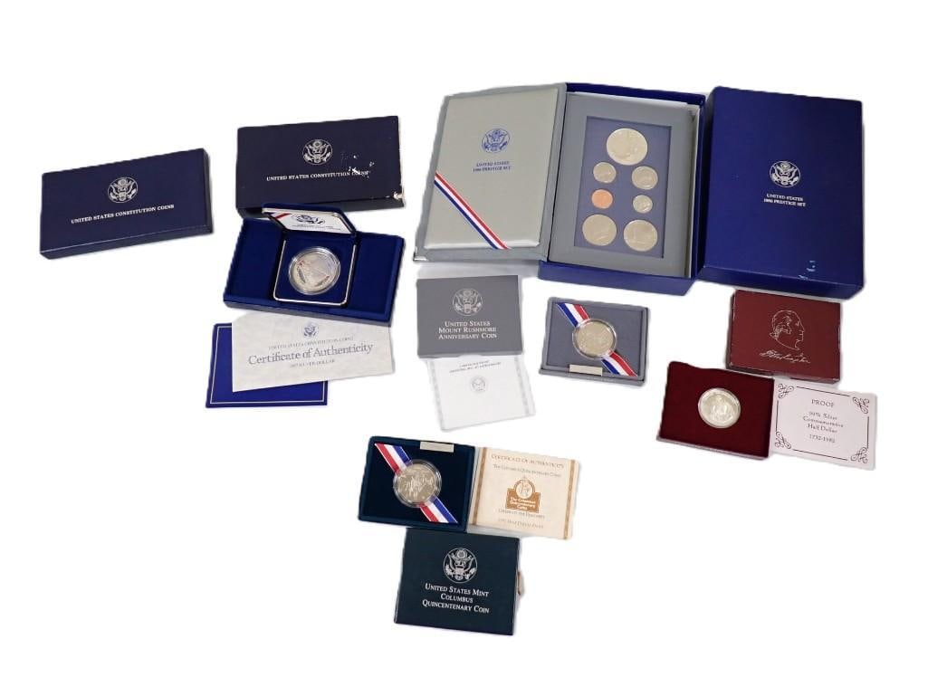 Lot of Assorted US Coin Sets including 1986 Prestige, Constitution Coin, Mount Rushmore, Columbus (1 of 7)