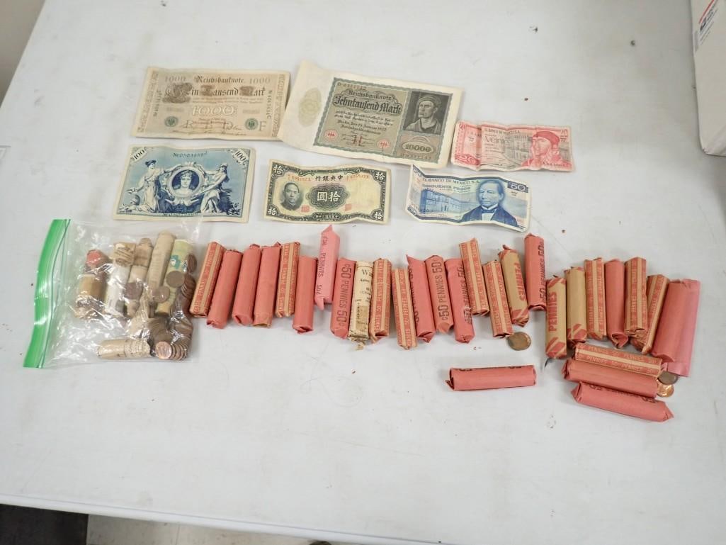 Lot of World Currency Paper Bills and about 30 rolls of pennies (1 of 7)