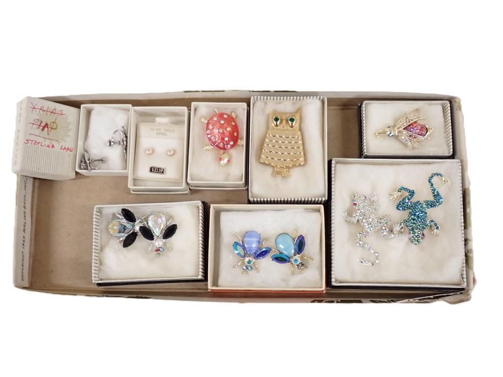 Lot of Vintage Costume Jewelry - animals and Insects plus 14K Gold Earrings and Sterling Silver earr (1 of 14)