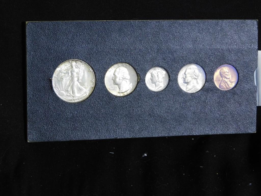 1944 Coin Set incl Walking Liberty Half Dollar, Washington Quarter, Mercury Dime, Nickel, Wheat Cent (1 of 6)
