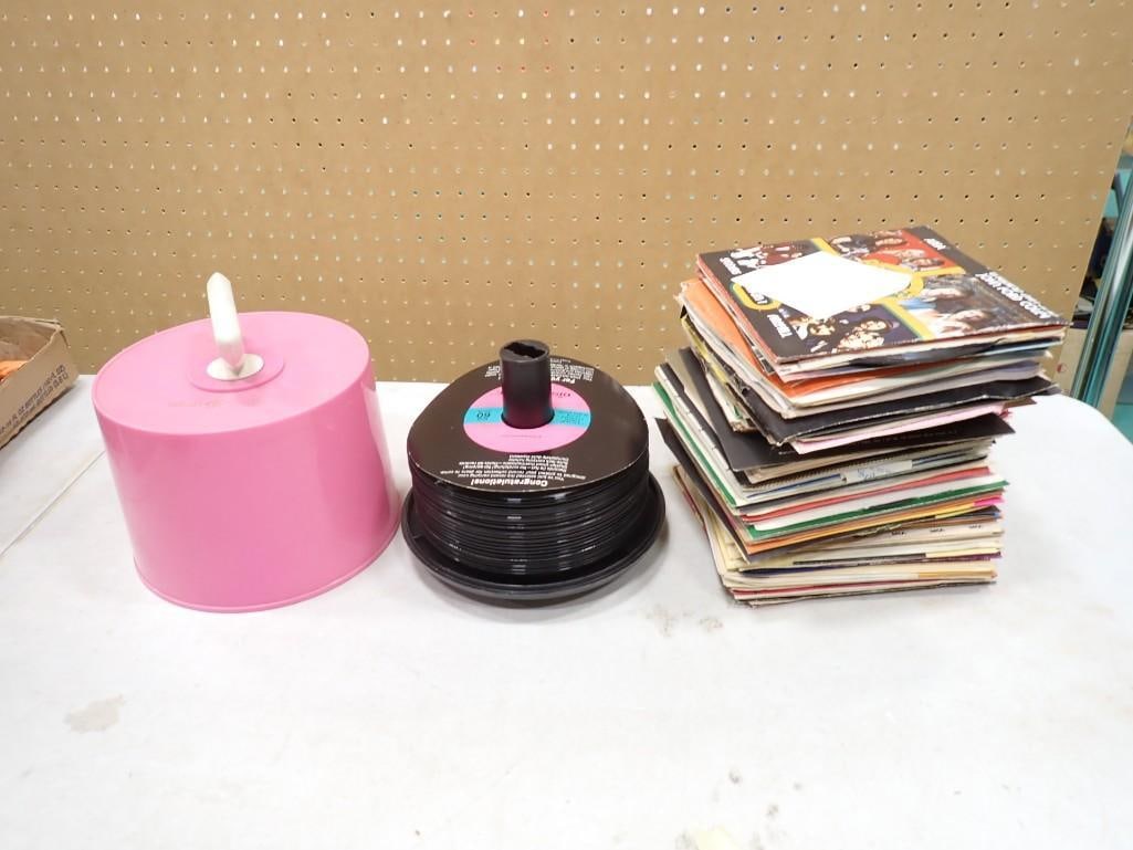 Large Lot of Vinyl 45 RPM Records including pink spindle case and many with sleeves (1 of 6)