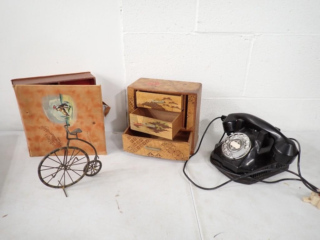 Vintage Lot including Antique Telephone (damaged), Penny Farthing Bike Trinket, Jewelry / Trinket bo (1 of 17)