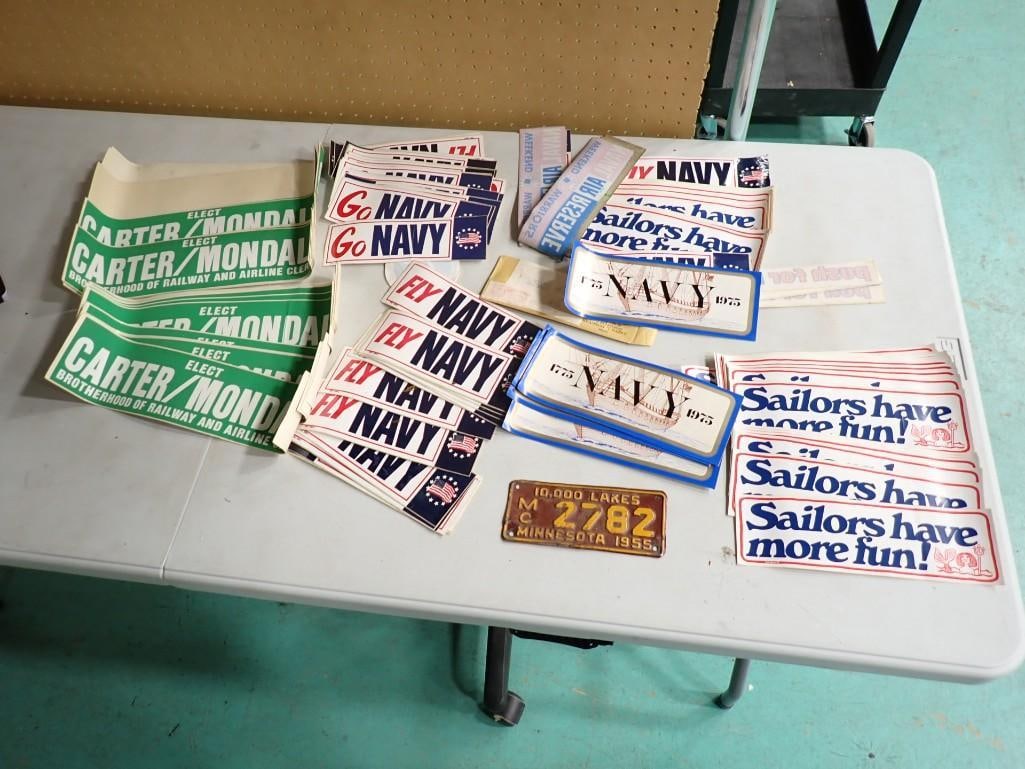 Large Lot of Navy Window and Bumper Stickers, 1955 Minnesota Motorcycle License Plate, Carter / Mond: Large Lot of Navy Window and Bumper Stickers, 1955 Minnesota Motorcycle License Plate, Carter / Mondale Brotherhood of Railway and Airline Clerks Bumper Stickers. Lots of them!