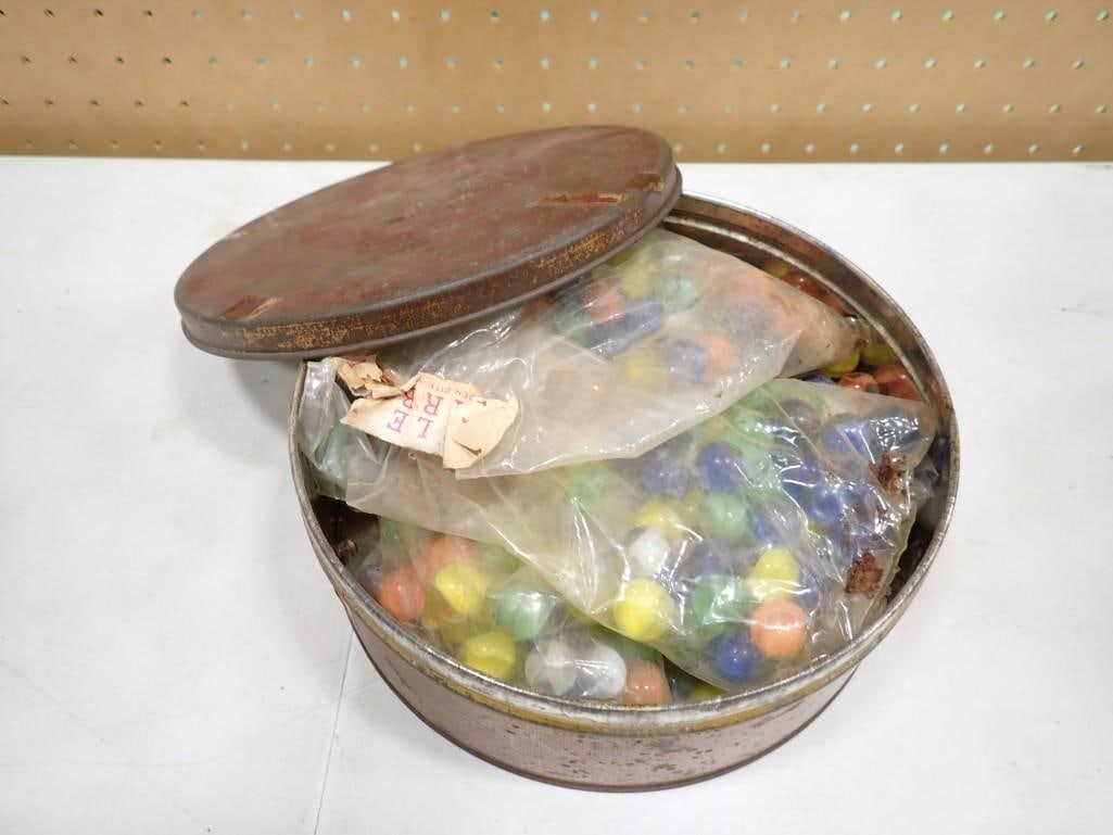 Vintage Tin of Marbles: Vintage Tin of Marbles - many in original vintage bags
