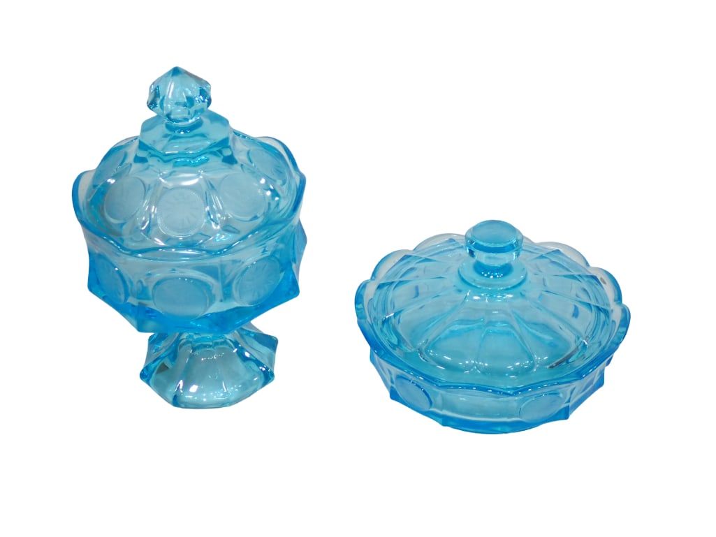 Fostoria Blue Glass Coin Wedding Bowl and Covered Candy Dish (1 of 8)