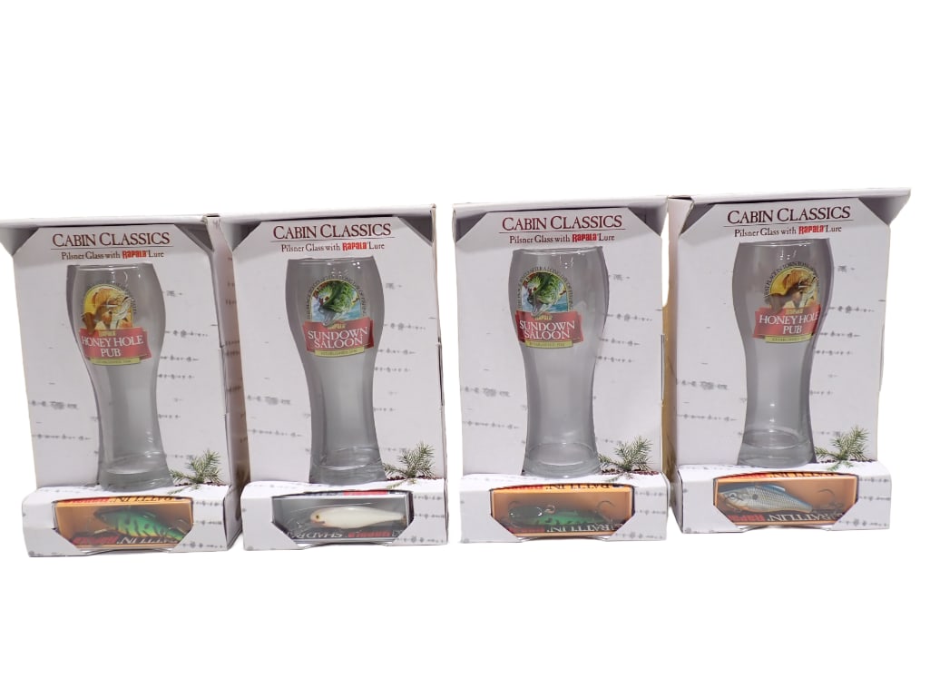 4 Cabin Classics Pilsner Glasses with Rapala Fishing Lures New in Packages (1 of 12)