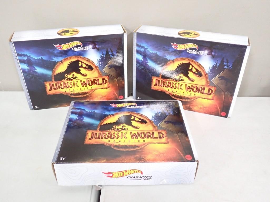 3 Sets of Hot Wheels Character Cars Jurassic World Dominion New in Boxes: 3 Sets of Hot Wheels Jurassic World Dominion Character Cars New in Boxes . Each set has 5 cars.