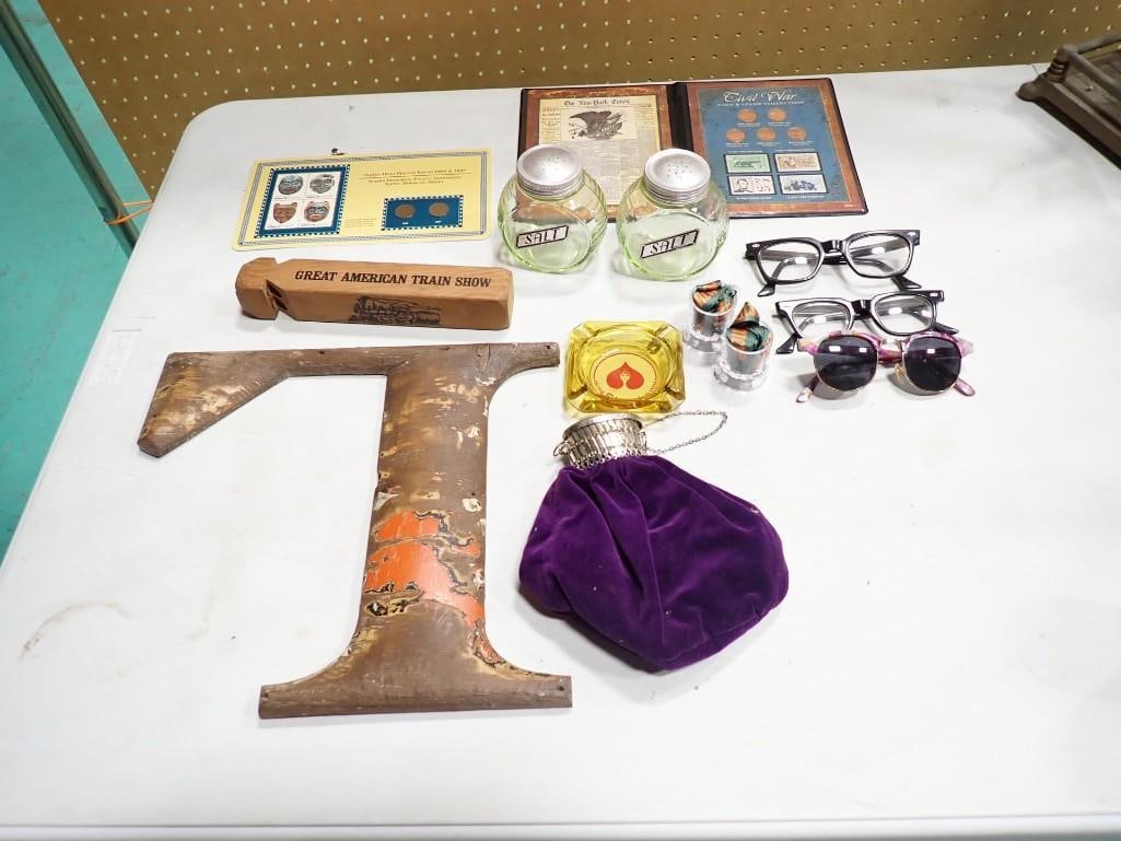 Collectibles incl Uranium Glass Shakers, Coins, Stamps, Sunglasses, Wood Letter L, & More (1 of 13)