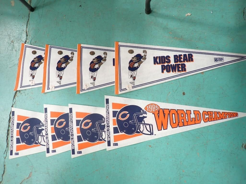 8 Sports Pennants incl 1985 Chicago Bears World Champions and Kids Bear Power: Lot of 8 Sports Pennants including 1985 Chicago Bears World Champions and Kids Bear Power