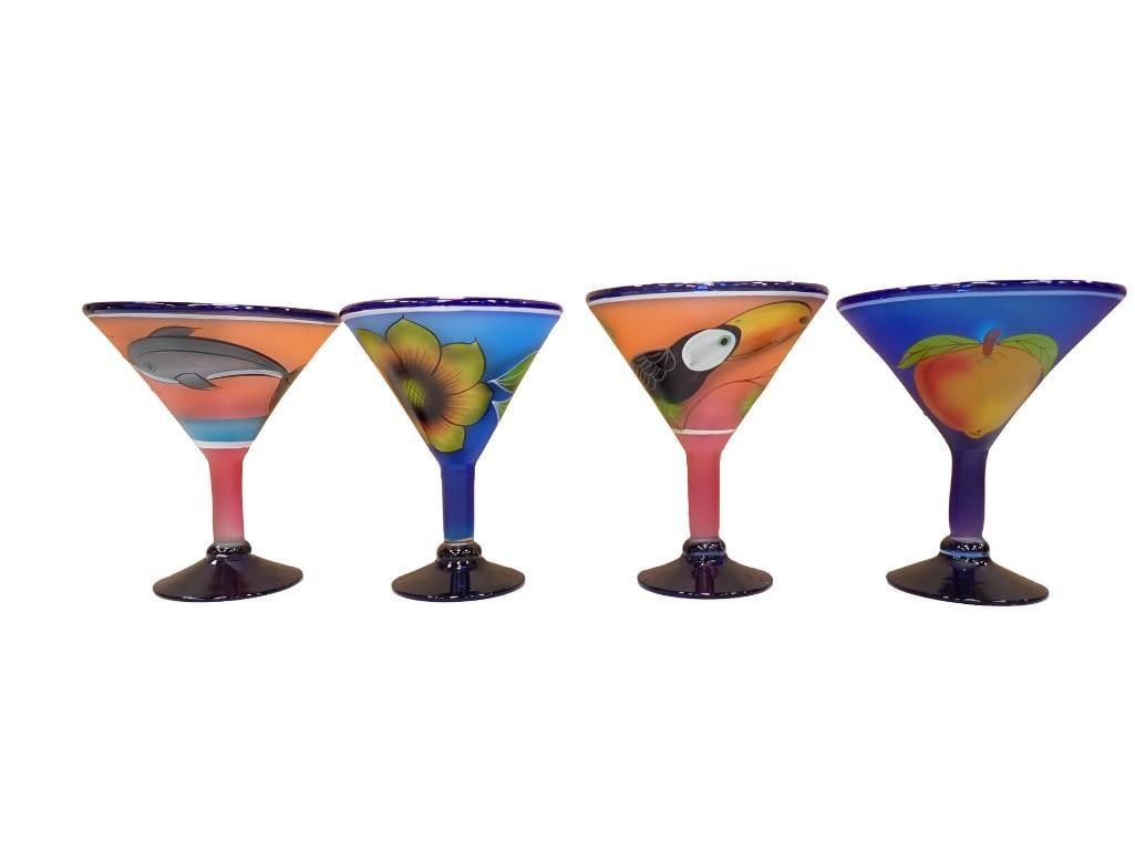 Vintage Hand Painted Martini Glasses including Bird, Flower, Fruit, Porpoise: Vintage Hand Painted Martini Glasses including Bird, Flower, Fruit, Porpoise