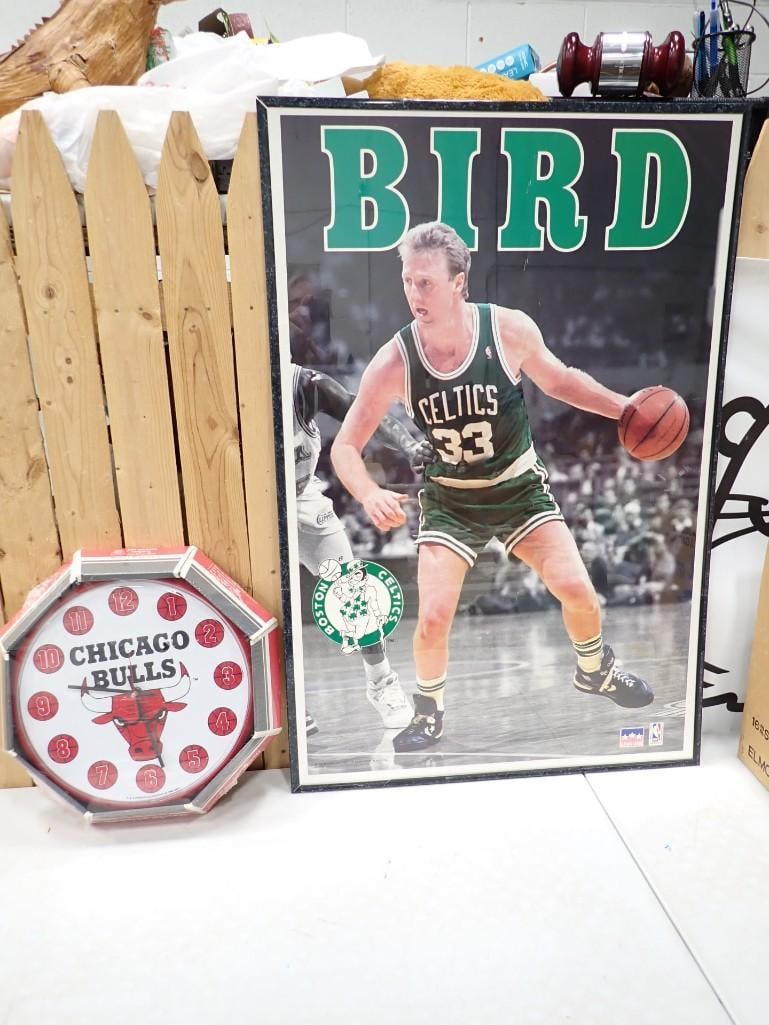 Framed Larry Bird Poster and Chicago Bulls Wall Clock (1 of 6)