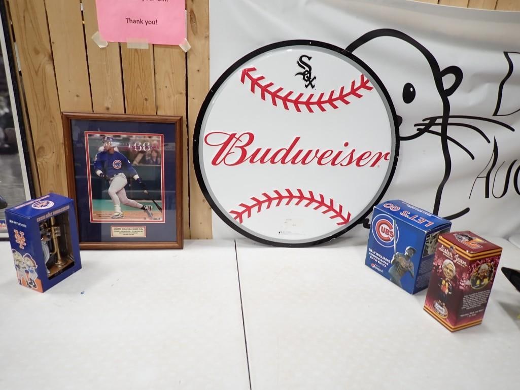 Sports Lot including Budweiser Chicago White Sox Metal Sign, Sammy Sosa Plaque, Edwin Diaz Trumpet (1 of 7)