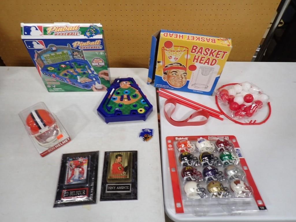Toys and Sports Lot incl Basket Head Game, Pinball Baseball, Pocket Size Helmets, etc: Toys and Sports Lot incl Basket Head Game, Pinball Baseball, Ridell Pocket Size Conference Set of Helmets, etc