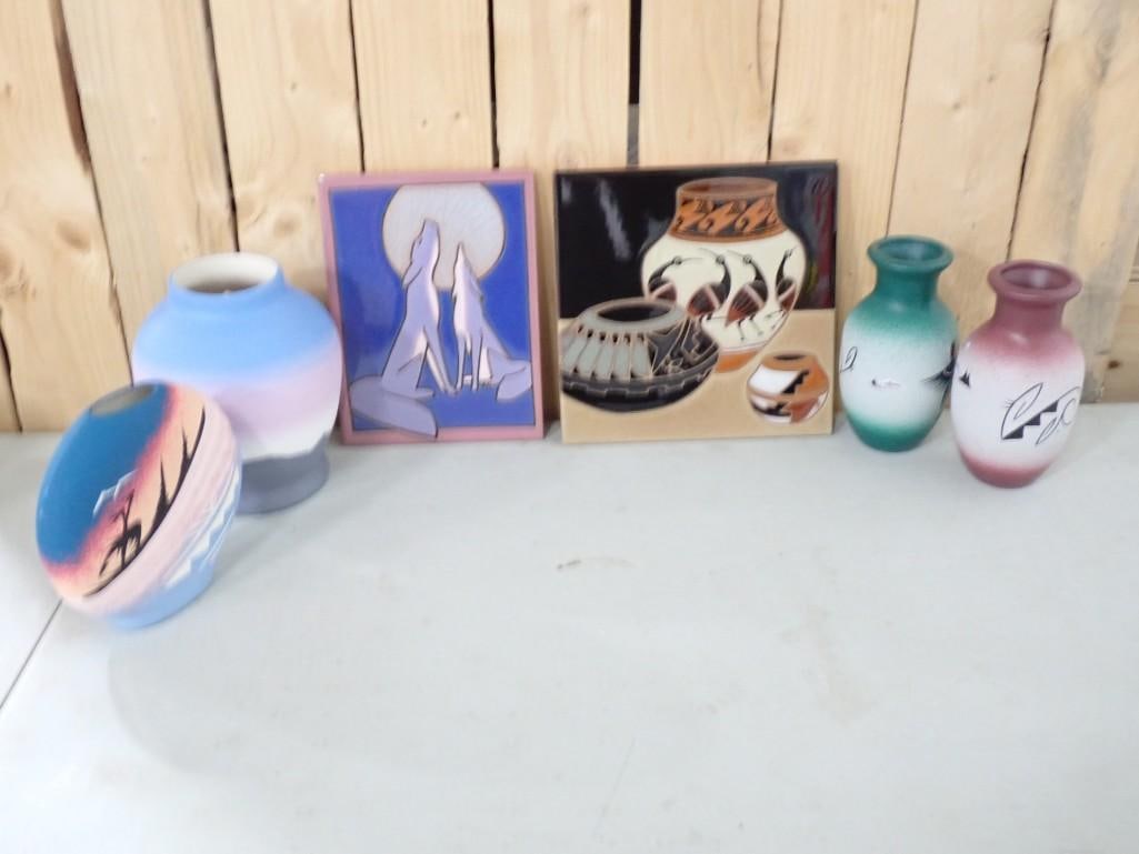 Lot of Signed Native American Navajo Pottery and Santa Fe Art Tiles, etc.: Lot of Signed Native American Navajo Pottery and Santa Fe Art Tiles, etc.