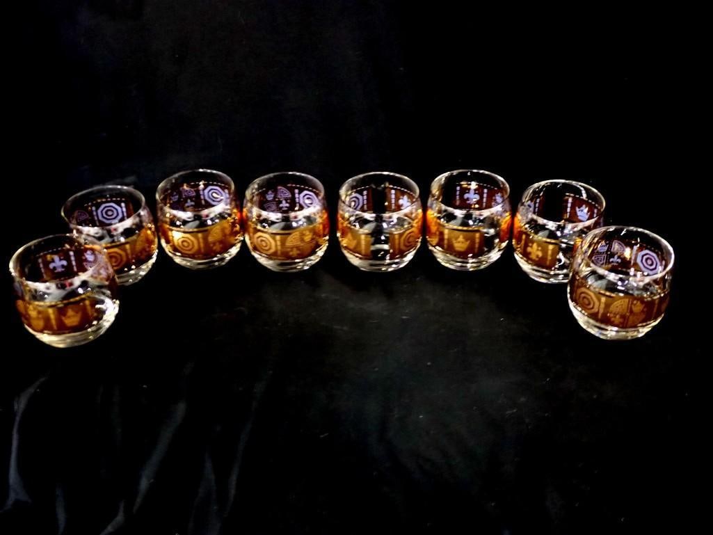 Lot of 8 MCM Roly Poly Glasses - Coat of Arms and Fleur d' lis pattern: Lot of 8 Mid Century Modern Roly Poly Glasses - Coat of Arms and Fleur d' lis pattern