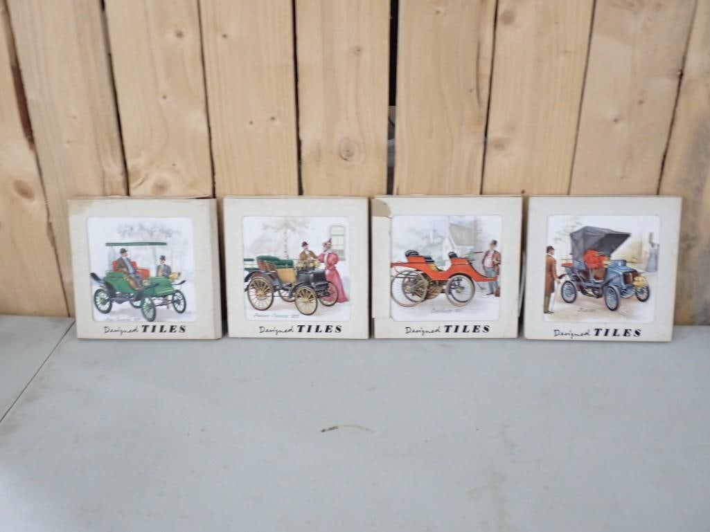 Set of 4 Antique Car Designed Tiles with original boxes (1 of 4)