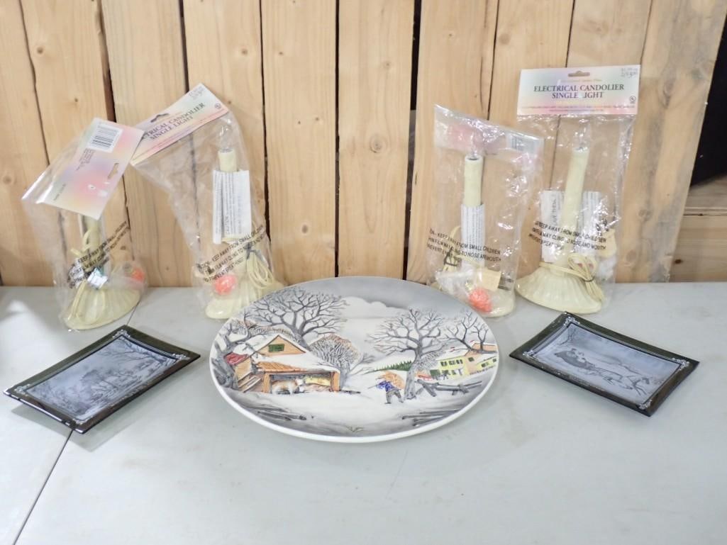 Misc. Christmas or Winter Lot including Electrical Candolier Lights, Vintage German Plate, Serving T (1 of 4)