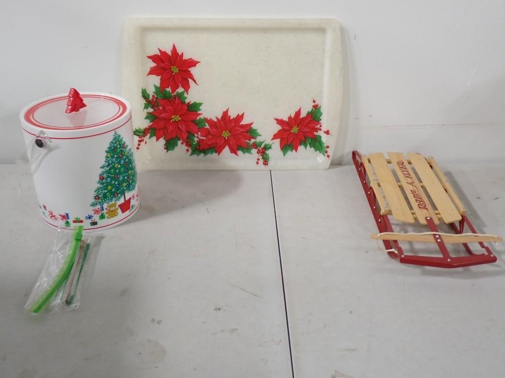 Christmas / Winter Lot including Ice bucket, Serving Tray, Miniature Radio Flyer Sled (1 of 5)