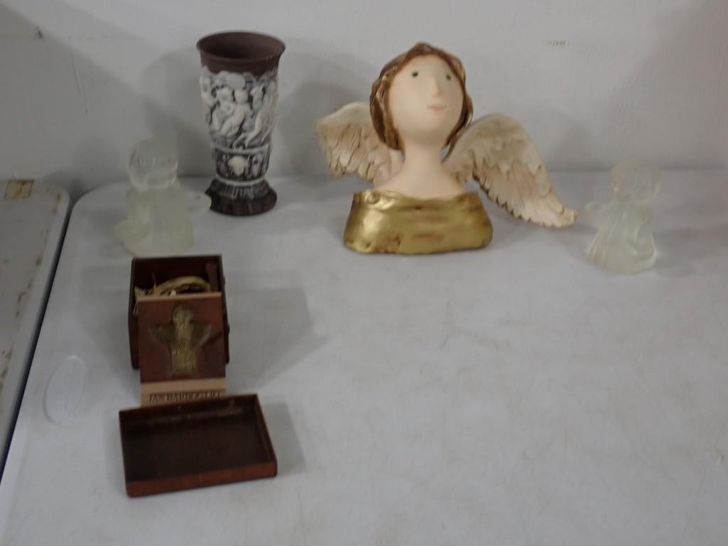 Christmas Lot including Designed for Department 56, Journey of Grace "Rejoice" Demdaco, Angels, etc.: Christmas Lot including Designed for Department 56, Journey of Grace "Rejoice" Demdaco, Angels, 1960;s Incolay Stone Cherubs Vase Neoclassical, etc.