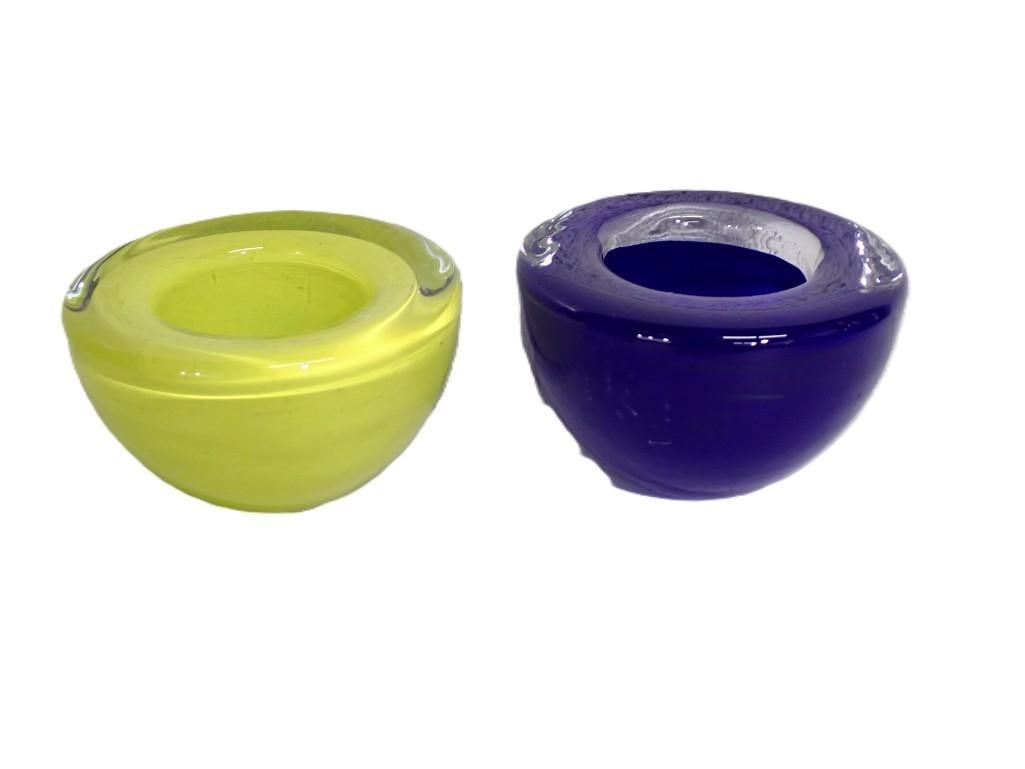 Pair of Kosta Boda Glass Votive Holder - Bright yellow and Cobalt: Pair of Kosta Boda Glass Votive Holder - Bright yellow and Cobalt