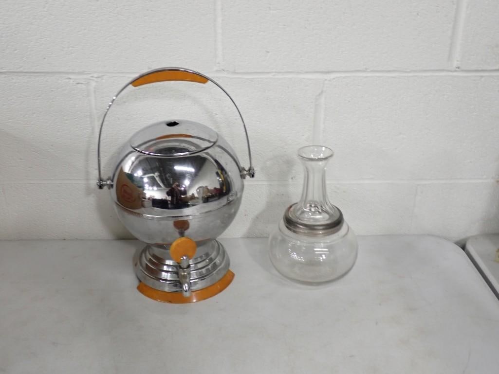 Art Deco Bowman Coffee Percolator and Glass Decanter with metal: Art Deco Bowman Coffee Percolator and Glass Decanter with Metal