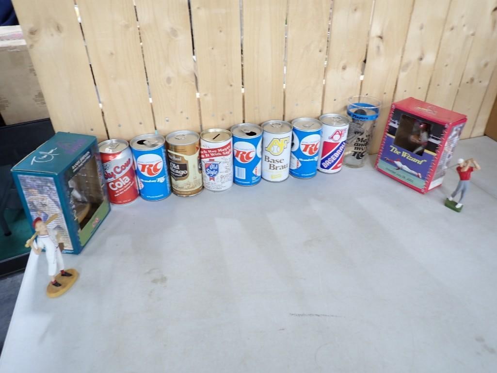 Vintage Steel Soda and Beer Cans including Sports promotions plus Sports figurines Randy Johnson,: Vintage Steel Soda and Beer Cans including Sports promotions plus Sports figurines Randy Johnson, The Wizard, etc.