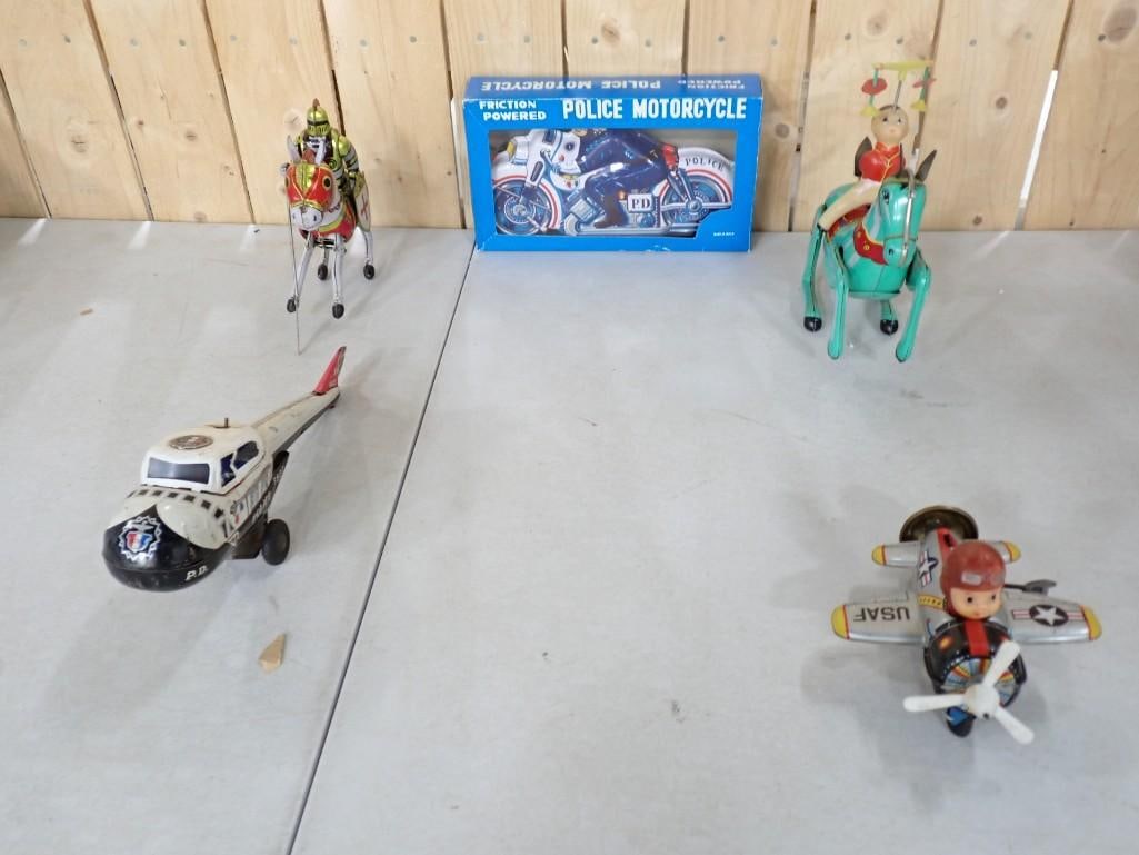 Toy Lot including Friction Powered Police Motorcycle, Metal Horses, etc.: Toy Lot including Friction Powered Police Motorcycle, Metal Horses, etc.