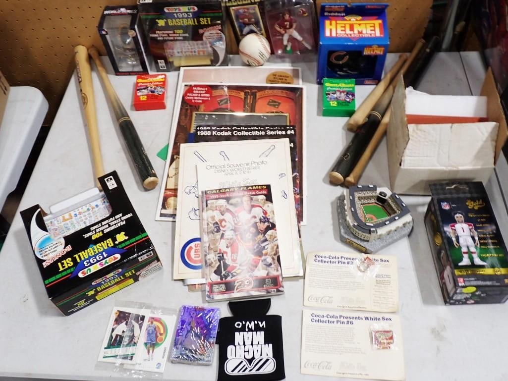 Large Sports lot including mini bats, stadium model, mini helmet, Ephemera, pins, cards, etc.: Large Sports lot including mini bats, stadium model, mini helmet, Ephemera, pins, cards, etc.