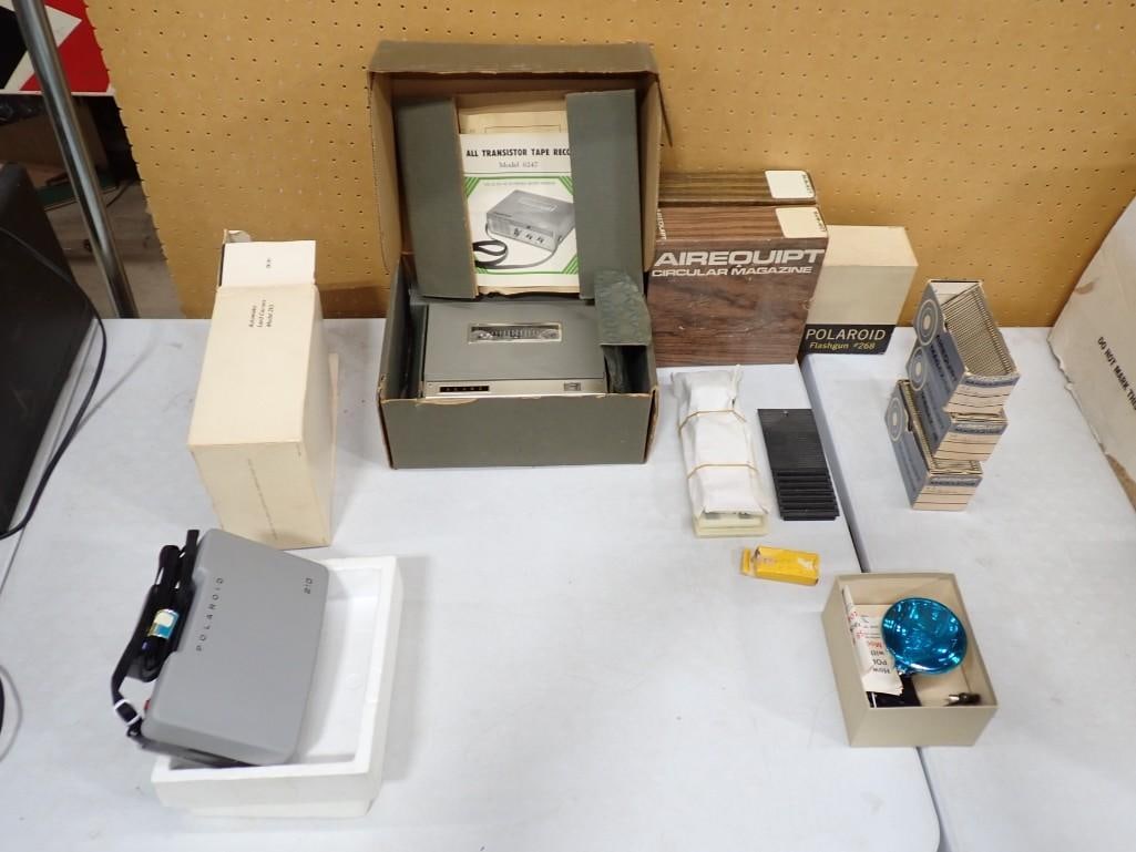 A/V type Lot including Polaroid, Slide Magazines, Transister Tape Recorder Model 6247, Slides, etc.: A/V type Lot including Polaroid, Slide Magazines, Transister Tape Recorder Model 6247, Slides, etc.