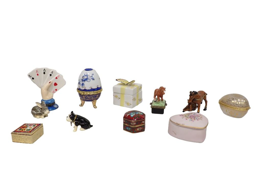Miniature Figural Trinket Boxes incl Horses, Dog, Hand with Playing Cards, Eggs, etc (1 of 10)