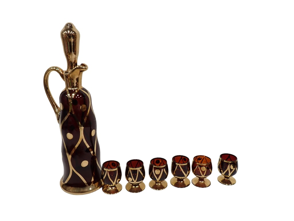 MCM Decanter Set - Arcadia Made in Czechoslovakia - 1 glass has a small chip on rim: Mid Century Modern Decanter Set - Arcadia Made in Czechoslovakia - 1 glass has a small chip on rim