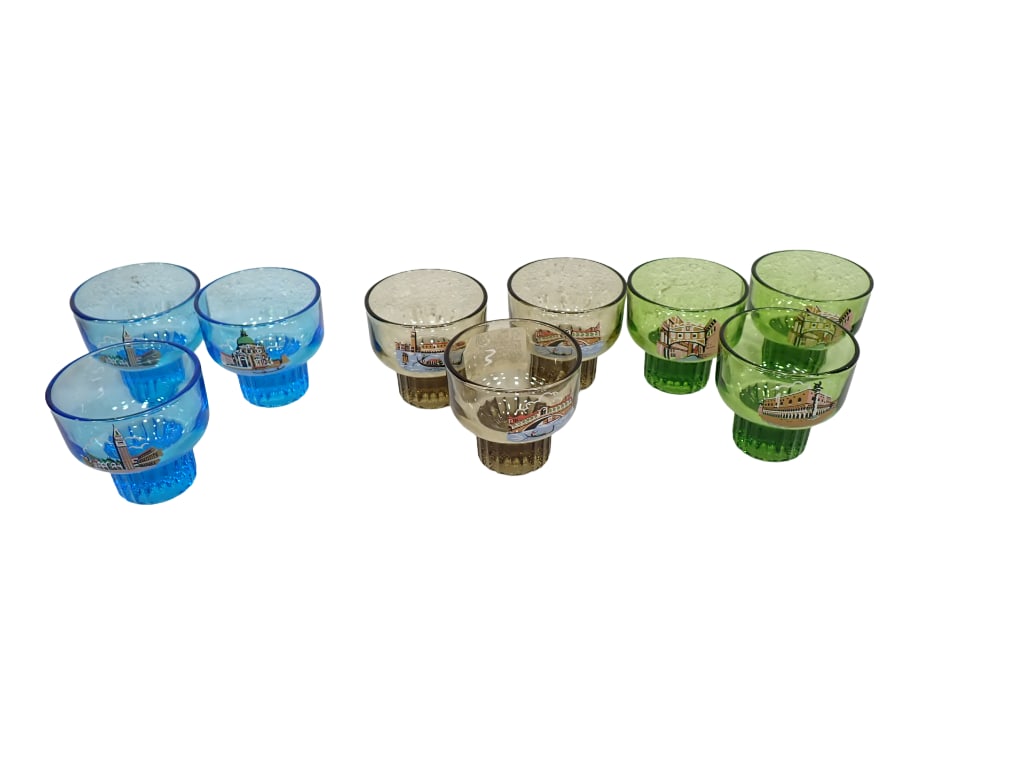 MCM Colored Glass Espresso or Cappuccino or Shot Glasses Set of 9: Set of 9 Mid Century Modern MCM Colored Glass Espresso or Cappuccino or Shot Glasses , Venezia