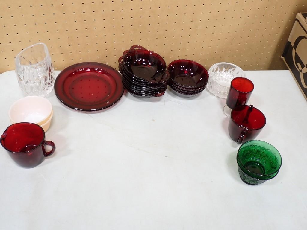 Glassware incl Ruby Red Bowls, Creamer and Sugar, Green Small Bowls, etc (1 of 5)