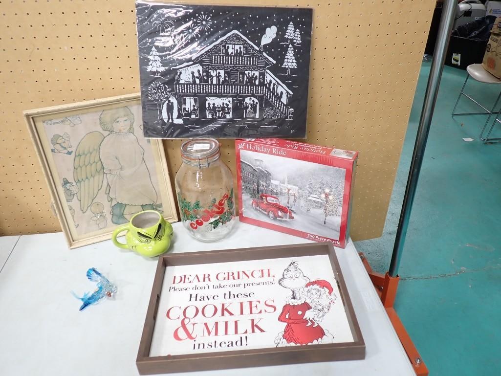 Misc. Lot including Grinch Wall Hanging and Mug, Jigsaw Puzzle, Cookie Jar, Wall Hangings, etc. (1 of 12)