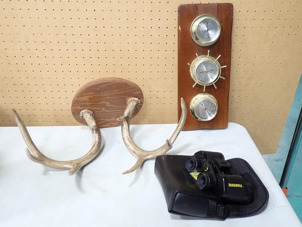 Vintage Lot including Mounted Antlers, Weather Station Wall Hanging and Bushnell Binoculars (1 of 8)