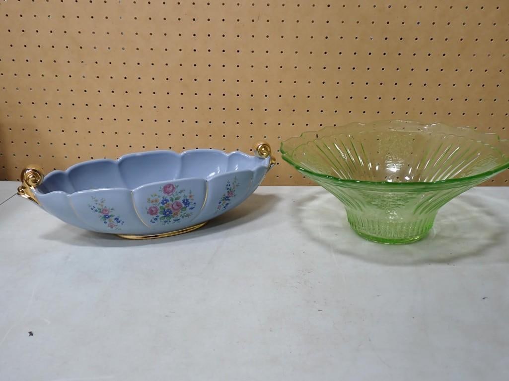 Vintage Uranium Glass Bowl Green Depression Glass and an Abingdon Ceramic Bowl: Vintage Uranium Glass Bowl Green Depression Glass with Floral Pattern and an Abingdon Ceramic Bowl
