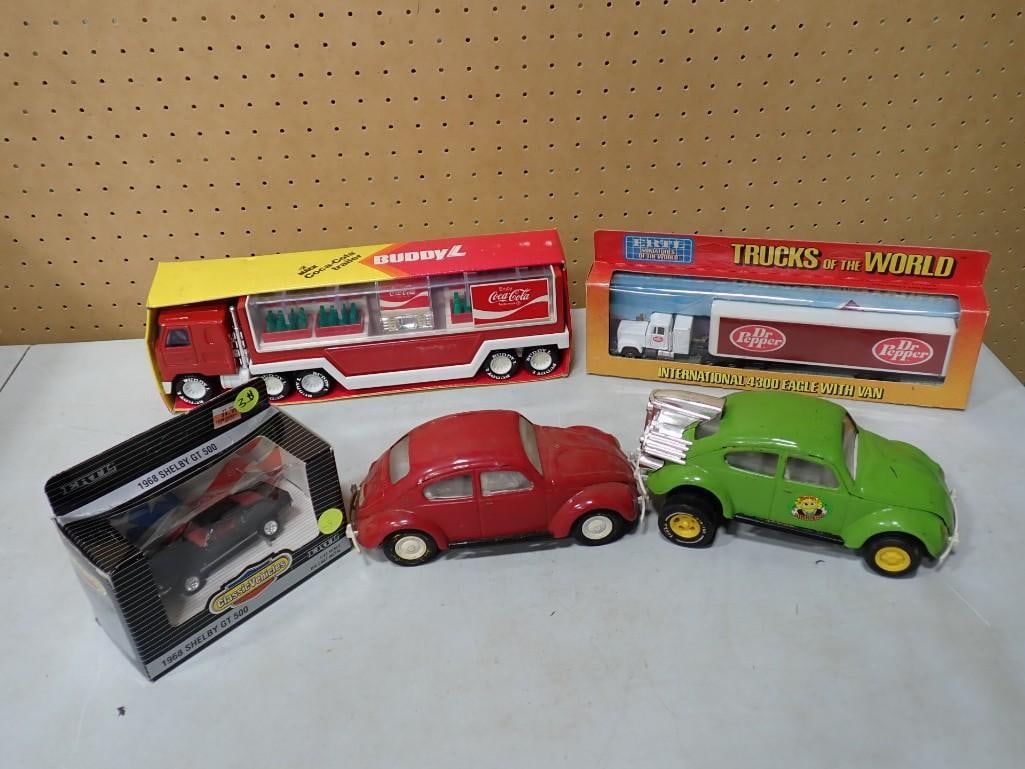 Toy Vehicle Lot including BuddyL Coca Cola, Ertl Dr. Pepper, VW Beetles, 1968 Shelby GT 500 (1 of 12)