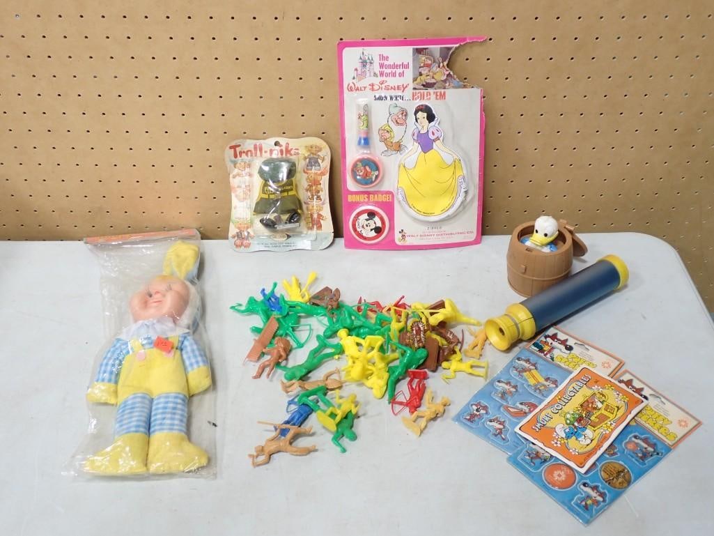 Vintage Toy Lot including Walt Disney Snow White, Troll-piks, plastic soldiers, Smurf stickers, Dona (1 of 8)