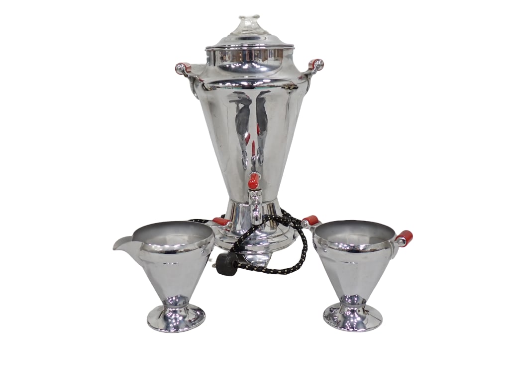 Vintage Chrome Percolator Coffee Pot with Red Bakelite Handles and Creamer and Sugar Bowl (1 of 7)