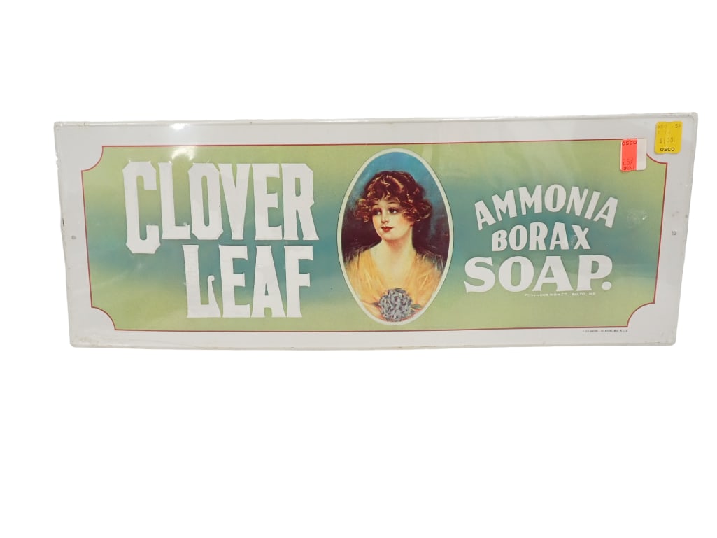 Clover Leaf Ammonia Borax Soap Metal Sign NOS New Old Stock, still sealed in plastic but from a stor (1 of 4)