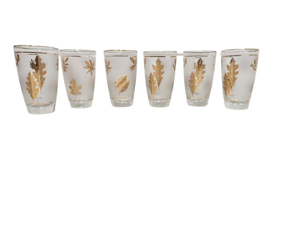 Set of 6 MCM Libbey Tumblers with Gold Leaves Design (1 of 2)