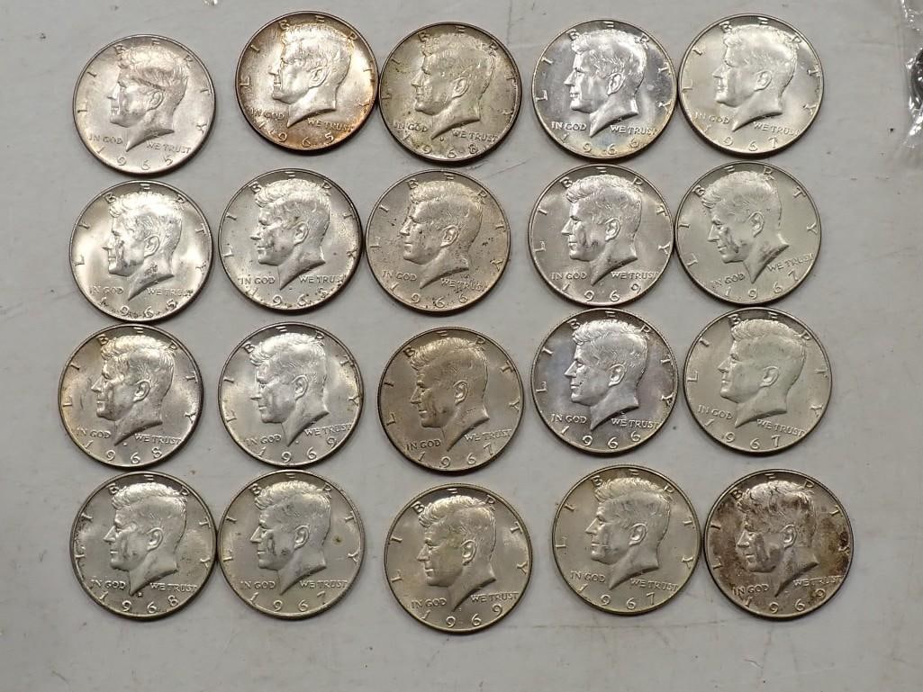 Lot of 20 Kennedy Half Dollars years 1965-1969 - all 40% silver (1 of 10)