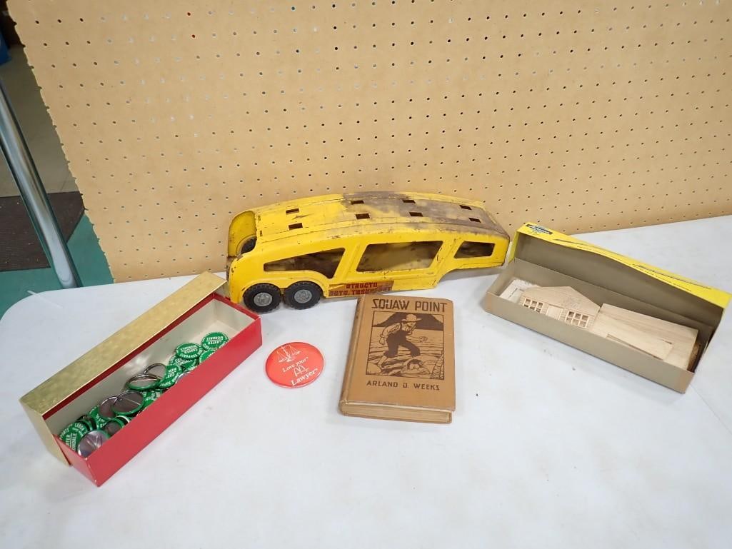 Vintage Lot incl Carter Mondale Political Buttons, Structo Car Hauler Trailer, Squaw Point Book: Vintage Lot incl Carter Mondale Political Buttons, Structo Car Hauler Trailer, Squaw Point Book, wood kit (not checked for completeness)