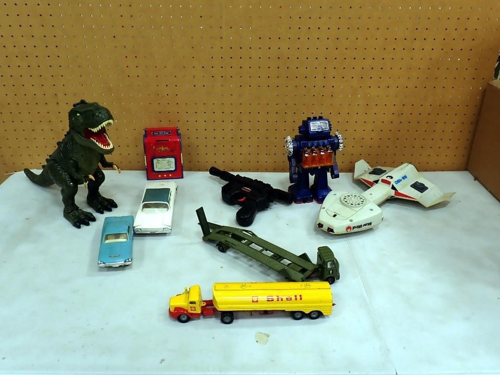 Assorted Vintage Toys including Dinosaur, Shell Truck, Robot, Milton Bradley Star Bird SB-450 (1 of 8)