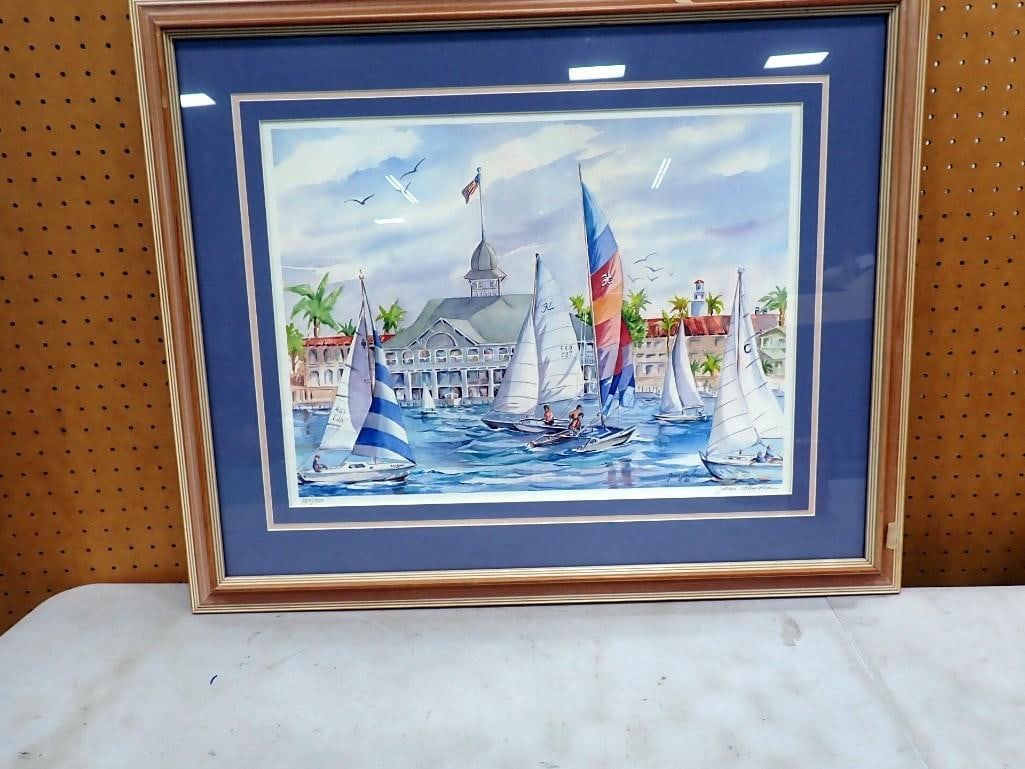 Pencil Signed Jane London Framed Print Sail Boats: Pencil Signed Jane London Framed Print Sail Boats - measures roughly 25x33"