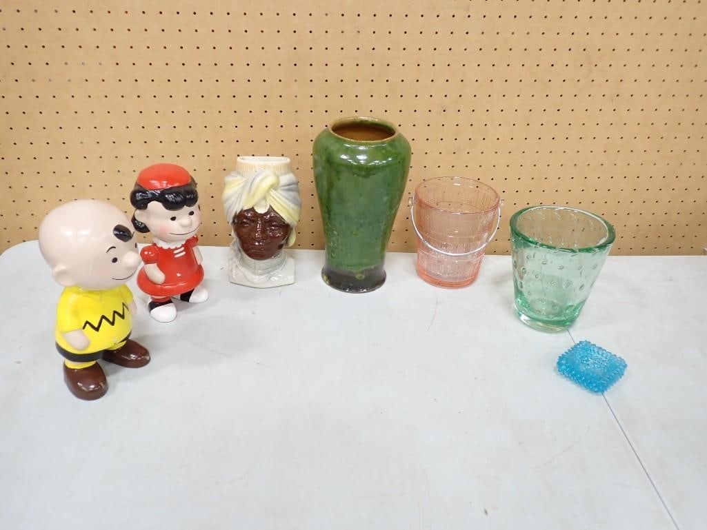 Misc. Lot including Peanuts - Charlie Brown, Lucy, Vases, Depression Glass, etc.: Misc. Lot including Peanuts - Charlie Brown, Lucy, Vases, Depression Glass, etc.